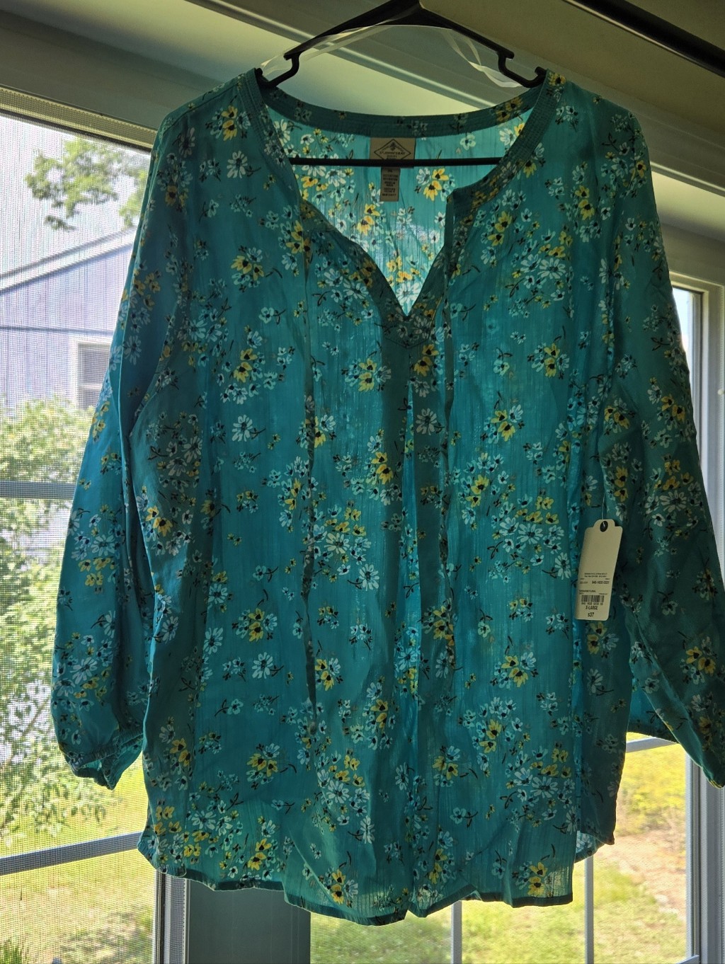 St. John's Bay Teal Floral V-Neck Long Sleeve Blouse